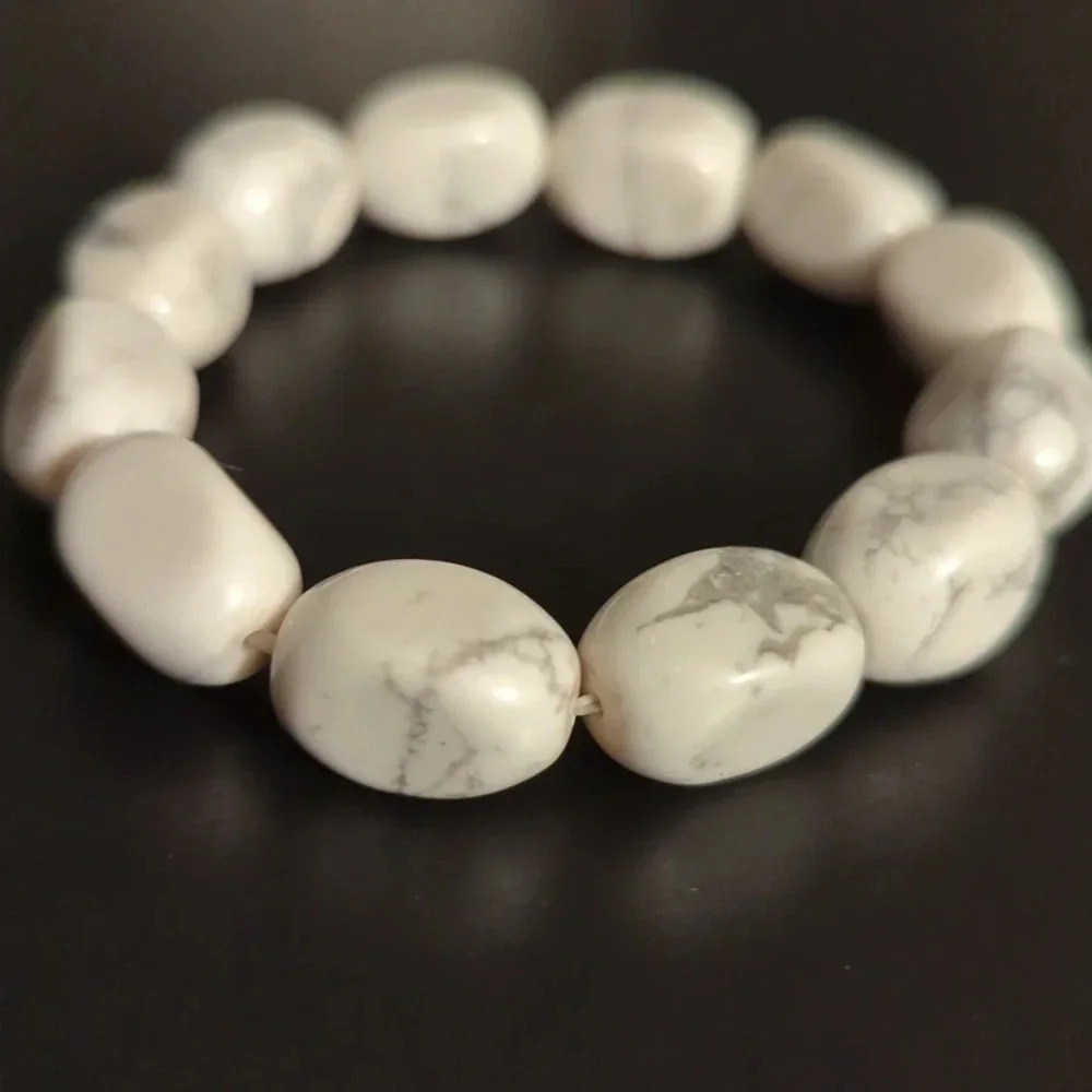 Howlite Stretch Bracelet - Natural Stone Carved Beads- Calming chakra stone